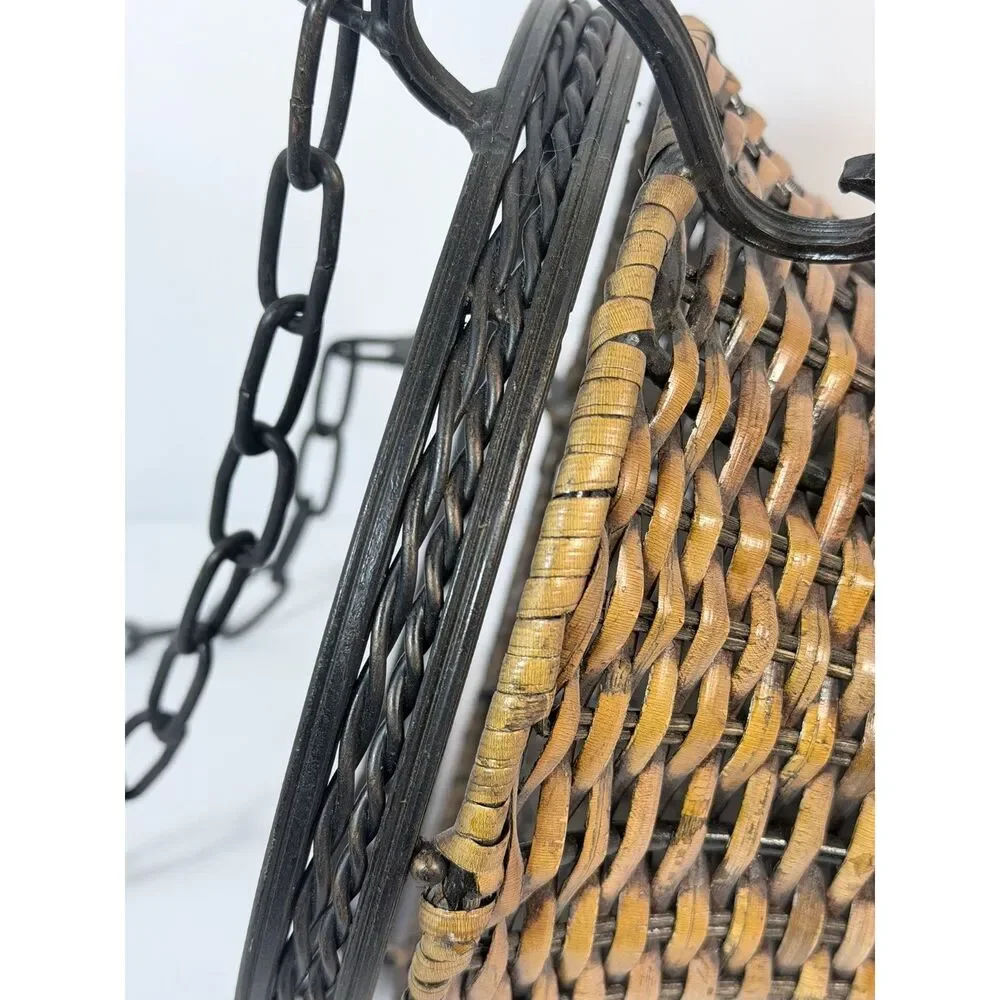 VTG Rattan Metal Bell Shaped Hanging Planter Woven Brown Embellished Decor